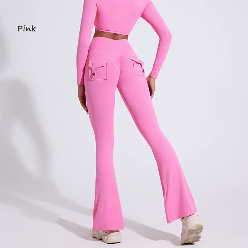 DIAS FIT JOY Women'S Pocket Bell Bottoms Yoga High Waisted Hip Lifting Fitness Pants Quick Drying Running Exercise Fitness Gym