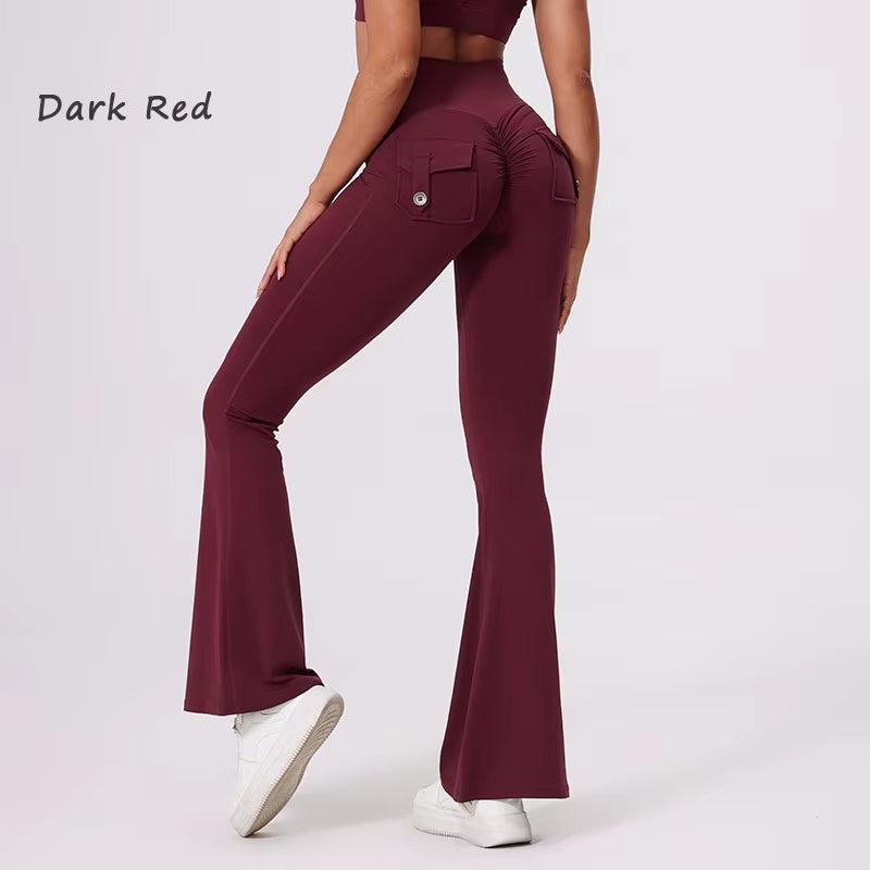 DIAS FIT JOY Women'S Pocket Bell Bottoms Yoga High Waisted Hip Lifting Fitness Pants Quick Drying Running Exercise Fitness Gym