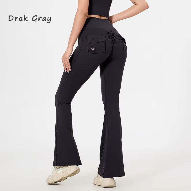 DIAS FIT JOY Women'S Pocket Bell Bottoms Yoga High Waisted Hip Lifting Fitness Pants Quick Drying Running Exercise Fitness Gym