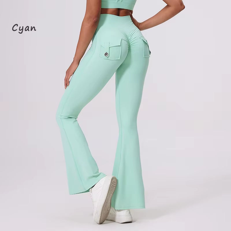 DIAS FIT JOY Women'S Pocket Bell Bottoms Yoga High Waisted Hip Lifting Fitness Pants Quick Drying Running Exercise Fitness Gym