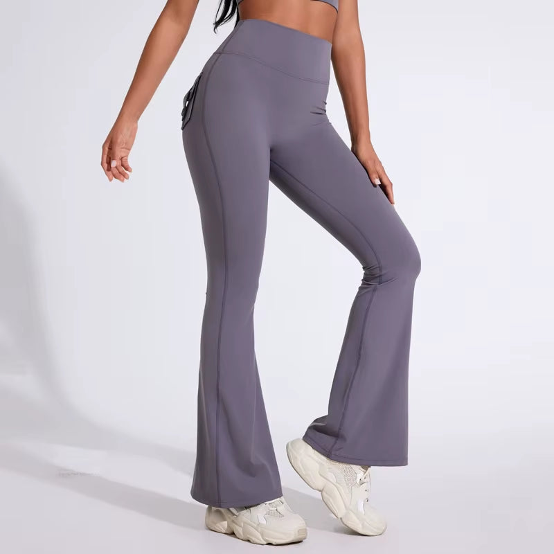 DIAS FIT JOY Women'S Pocket Bell Bottoms Yoga High Waisted Hip Lifting Fitness Pants Quick Drying Running Exercise Fitness Gym