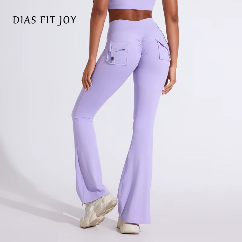 DIAS FIT JOY Women'S Pocket Bell Bottoms Yoga High Waisted Hip Lifting Fitness Pants Quick Drying Running Exercise Fitness Gym