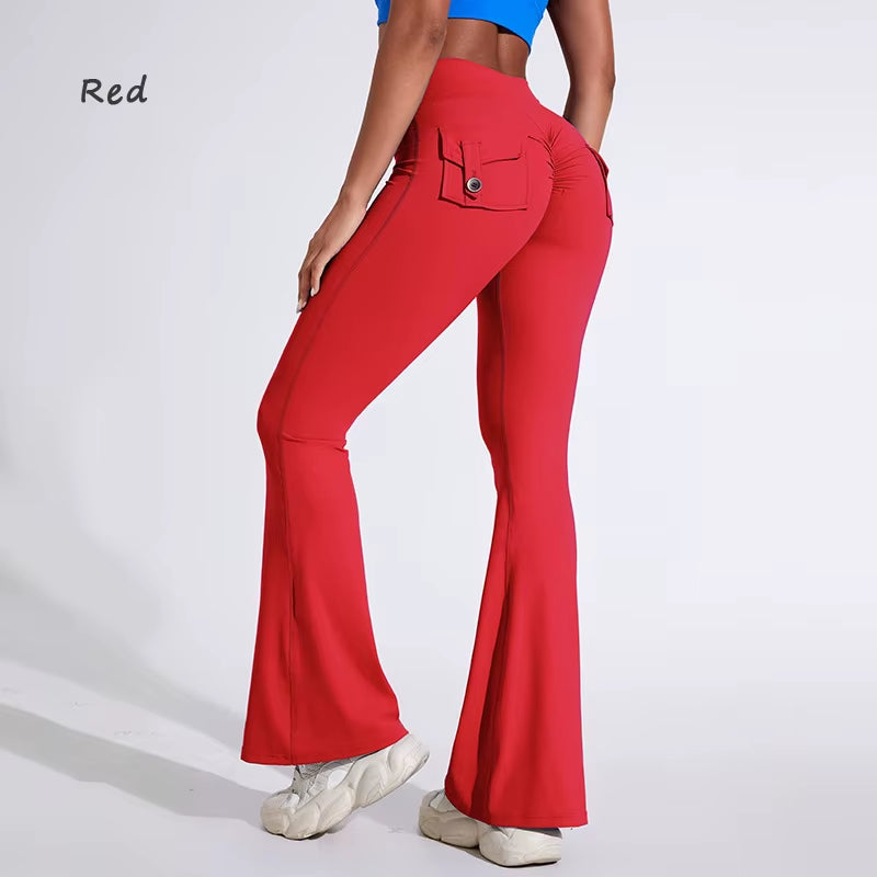 DIAS FIT JOY Women'S Pocket Bell Bottoms Yoga High Waisted Hip Lifting Fitness Pants Quick Drying Running Exercise Fitness Gym