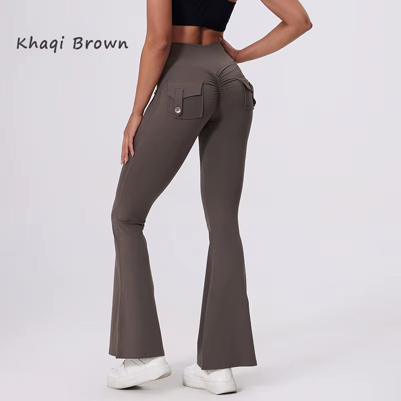 DIAS FIT JOY Women'S Pocket Bell Bottoms Yoga High Waisted Hip Lifting Fitness Pants Quick Drying Running Exercise Fitness Gym