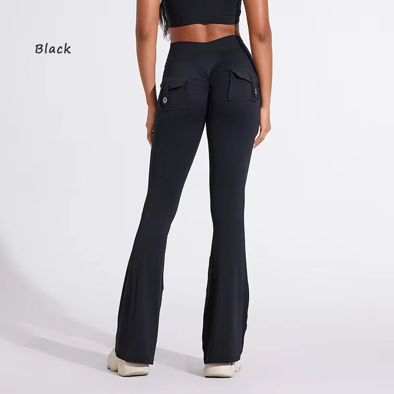 DIAS FIT JOY Women'S Pocket Bell Bottoms Yoga High Waisted Hip Lifting Fitness Pants Quick Drying Running Exercise Fitness Gym