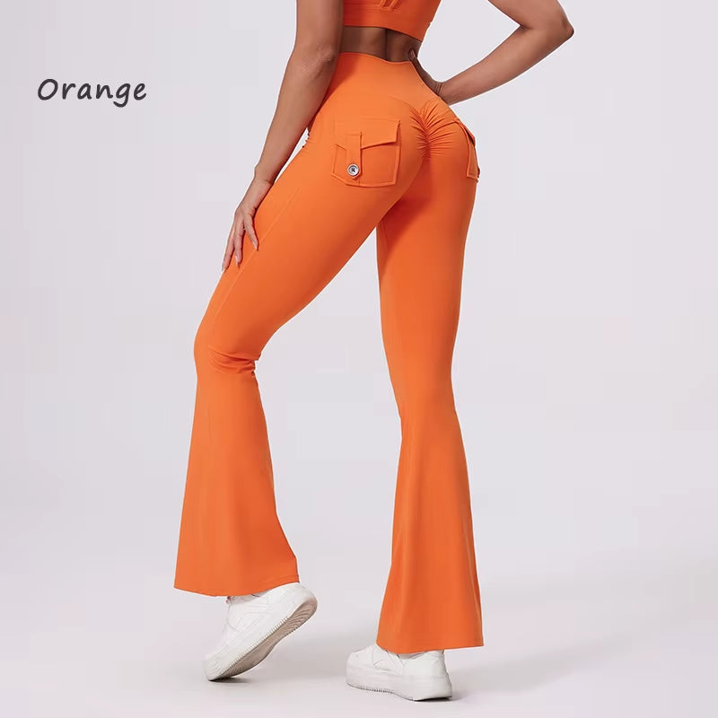 DIAS FIT JOY Women'S Pocket Bell Bottoms Yoga High Waisted Hip Lifting Fitness Pants Quick Drying Running Exercise Fitness Gym