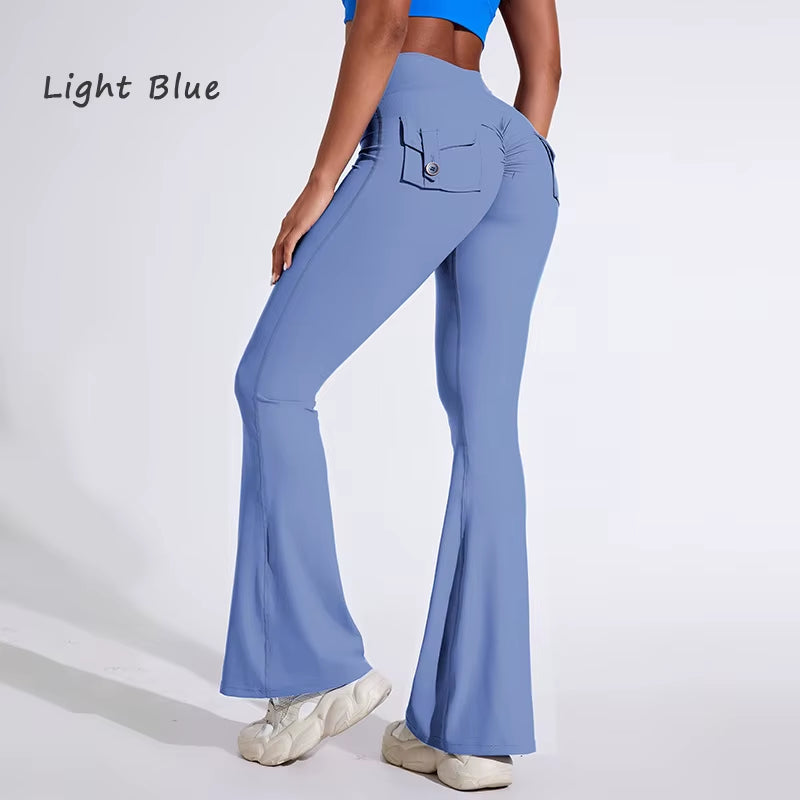 DIAS FIT JOY Women'S Pocket Bell Bottoms Yoga High Waisted Hip Lifting Fitness Pants Quick Drying Running Exercise Fitness Gym