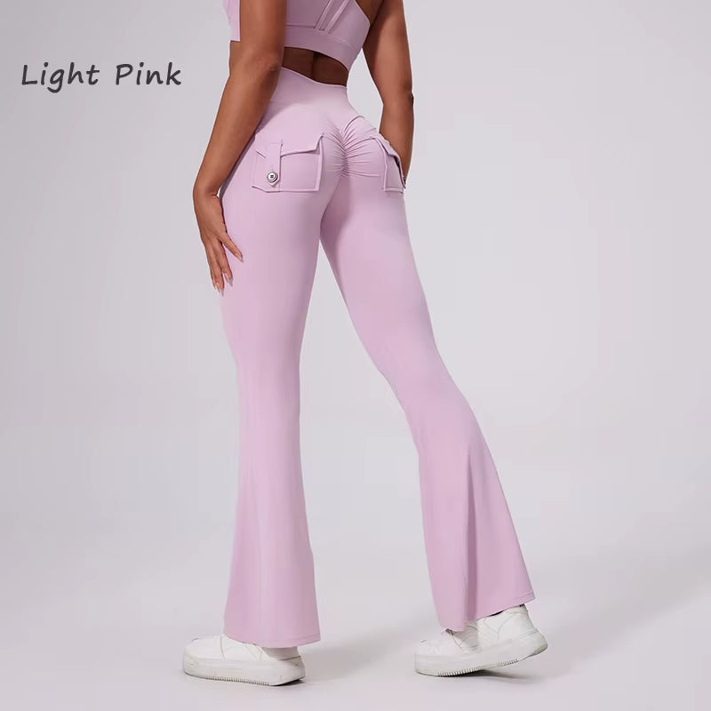 DIAS FIT JOY Women'S Pocket Bell Bottoms Yoga High Waisted Hip Lifting Fitness Pants Quick Drying Running Exercise Fitness Gym
