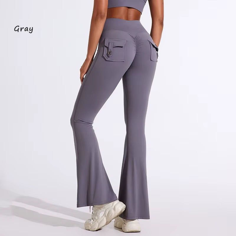 DIAS FIT JOY Women'S Pocket Bell Bottoms Yoga High Waisted Hip Lifting Fitness Pants Quick Drying Running Exercise Fitness Gym