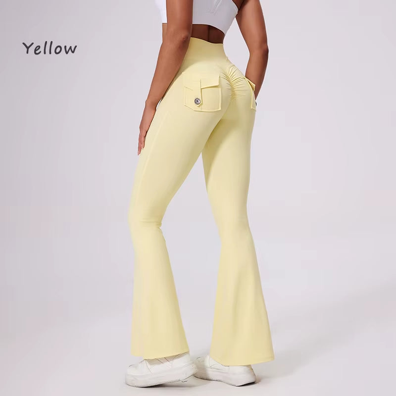 DIAS FIT JOY Women'S Pocket Bell Bottoms Yoga High Waisted Hip Lifting Fitness Pants Quick Drying Running Exercise Fitness Gym