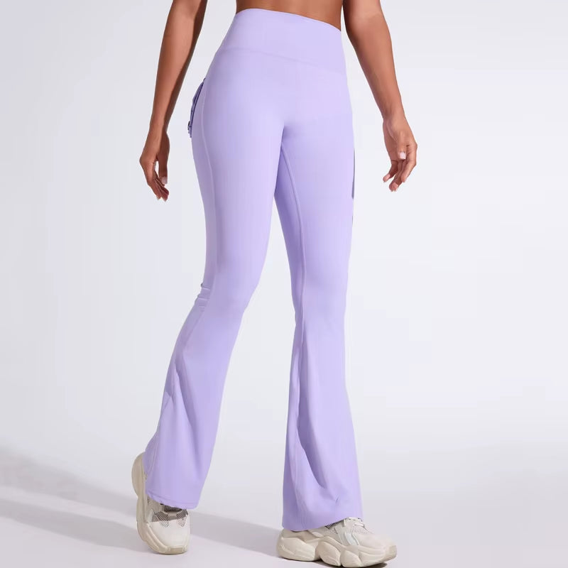 DIAS FIT JOY Women'S Pocket Bell Bottoms Yoga High Waisted Hip Lifting Fitness Pants Quick Drying Running Exercise Fitness Gym