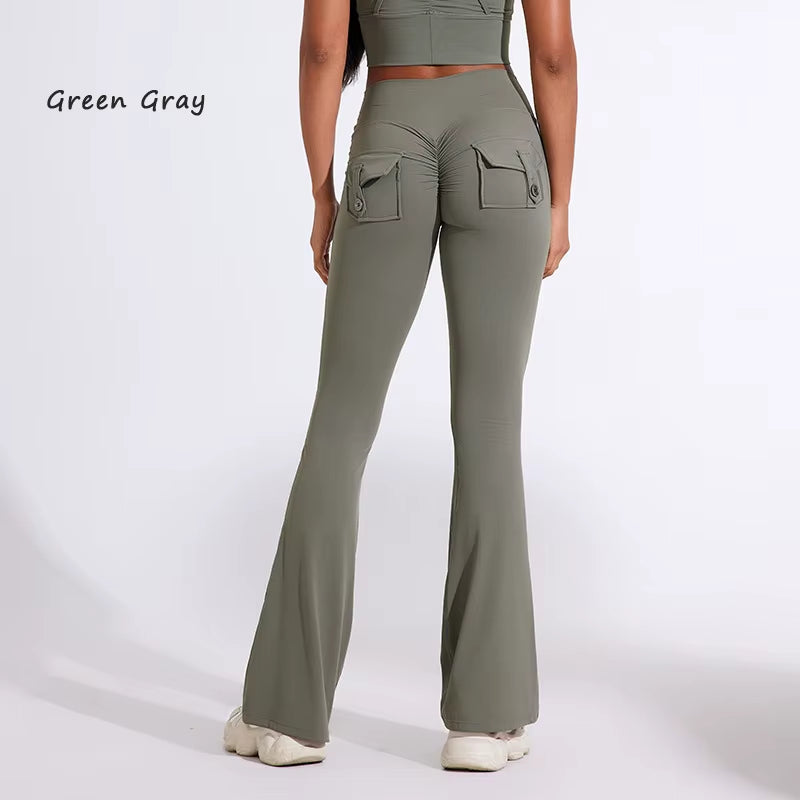 DIAS FIT JOY Women'S Pocket Bell Bottoms Yoga High Waisted Hip Lifting Fitness Pants Quick Drying Running Exercise Fitness Gym