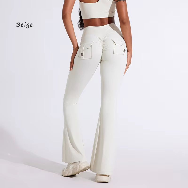 DIAS FIT JOY Women'S Pocket Bell Bottoms Yoga High Waisted Hip Lifting Fitness Pants Quick Drying Running Exercise Fitness Gym