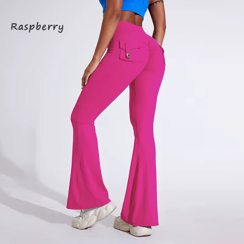 DIAS FIT JOY Women'S Pocket Bell Bottoms Yoga High Waisted Hip Lifting Fitness Pants Quick Drying Running Exercise Fitness Gym