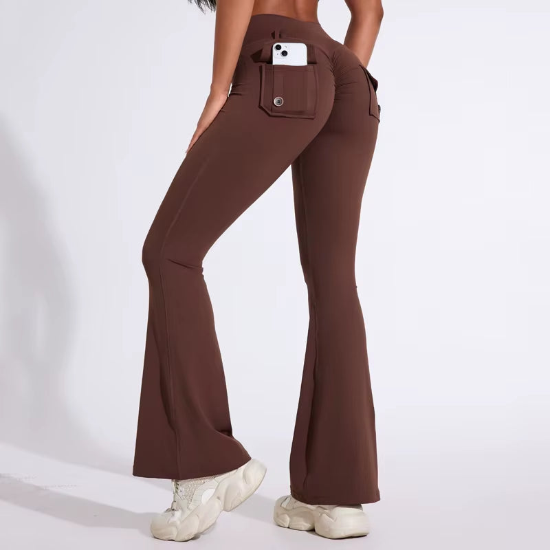 DIAS FIT JOY Women'S Pocket Bell Bottoms Yoga High Waisted Hip Lifting Fitness Pants Quick Drying Running Exercise Fitness Gym
