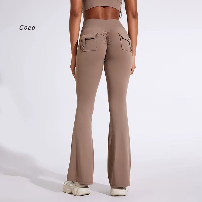 DIAS FIT JOY Women'S Pocket Bell Bottoms Yoga High Waisted Hip Lifting Fitness Pants Quick Drying Running Exercise Fitness Gym