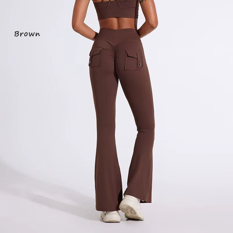 DIAS FIT JOY Women'S Pocket Bell Bottoms Yoga High Waisted Hip Lifting Fitness Pants Quick Drying Running Exercise Fitness Gym