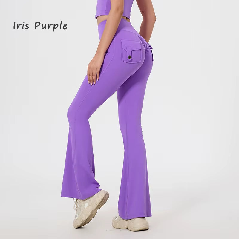 DIAS FIT JOY Women'S Pocket Bell Bottoms Yoga High Waisted Hip Lifting Fitness Pants Quick Drying Running Exercise Fitness Gym
