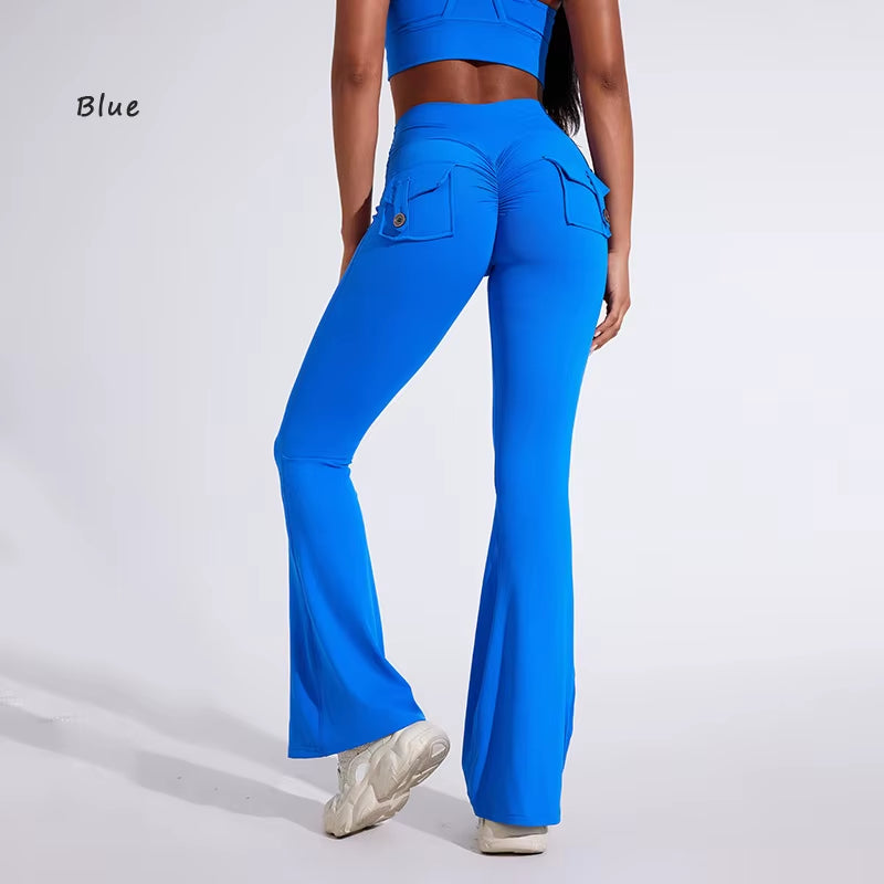 DIAS FIT JOY Women'S Pocket Bell Bottoms Yoga High Waisted Hip Lifting Fitness Pants Quick Drying Running Exercise Fitness Gym