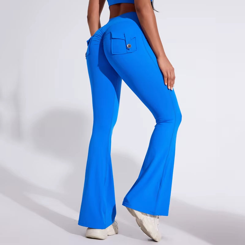 DIAS FIT JOY Women'S Pocket Bell Bottoms Yoga High Waisted Hip Lifting Fitness Pants Quick Drying Running Exercise Fitness Gym