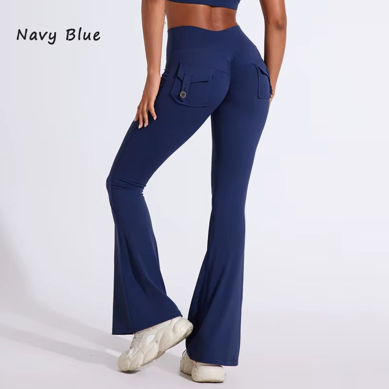 DIAS FIT JOY Women'S Pocket Bell Bottoms Yoga High Waisted Hip Lifting Fitness Pants Quick Drying Running Exercise Fitness Gym