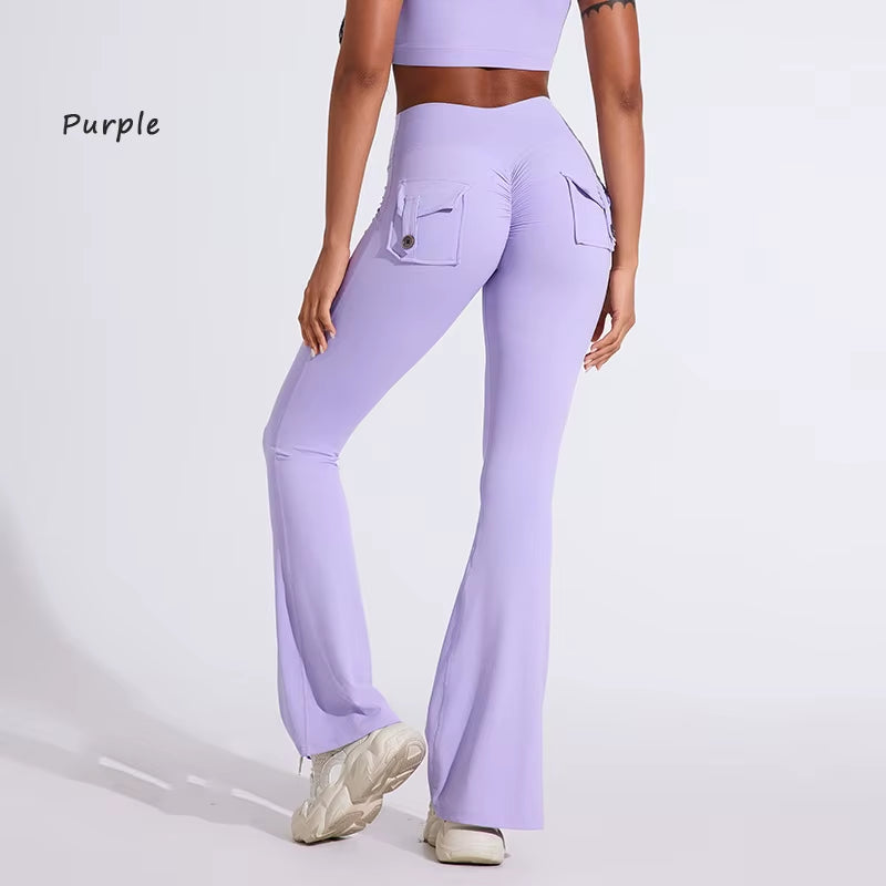 DIAS FIT JOY Women'S Pocket Bell Bottoms Yoga High Waisted Hip Lifting Fitness Pants Quick Drying Running Exercise Fitness Gym