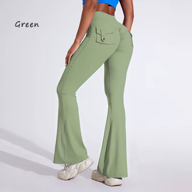 DIAS FIT JOY Women'S Pocket Bell Bottoms Yoga High Waisted Hip Lifting Fitness Pants Quick Drying Running Exercise Fitness Gym
