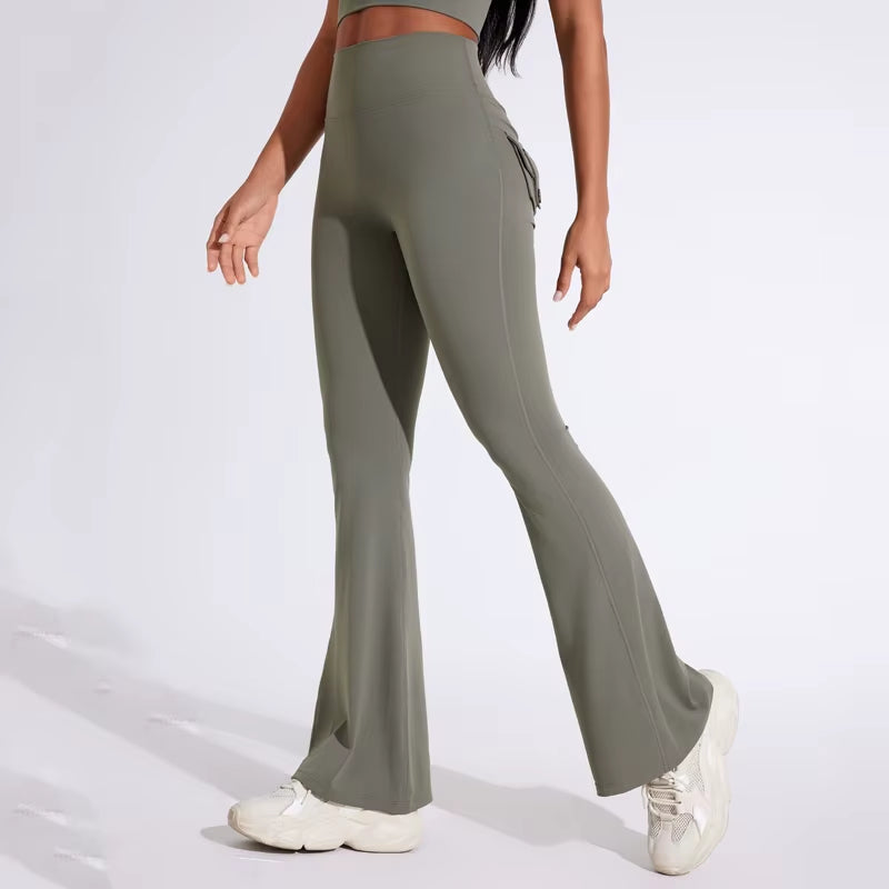 DIAS FIT JOY Women'S Pocket Bell Bottoms Yoga High Waisted Hip Lifting Fitness Pants Quick Drying Running Exercise Fitness Gym